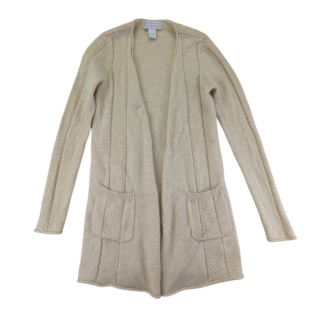 Design History Pure Cashmere Cable Knit Long‎ Cardigan Sweater Beige Size Small